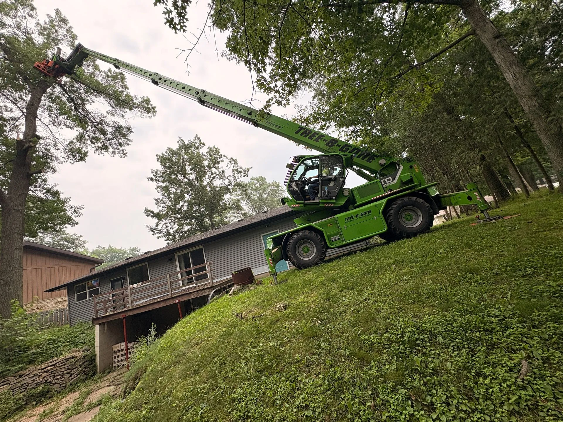 Green tree-trimming machine reaching over a house on a hillside, cutting branches from a tall tree.