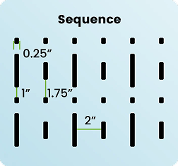 A grid of black vertical rectangular markers and dots on a light blue background, labeled with measurements in inches.