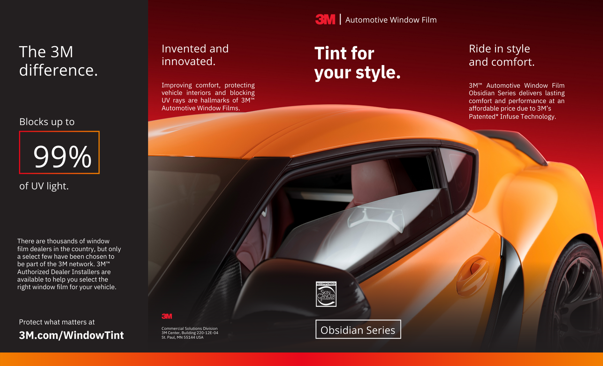 Orange sports car with tinted windows, 3M ad, blocks 99% UV light
