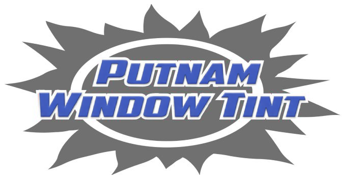 Logo for Putnam Window Tint: red text on white and gray background, with a burst shape.