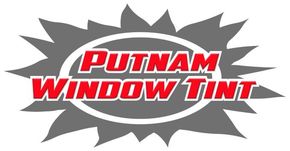 Logo for Putnam Window Tint: red text on white and gray background, with a burst shape.