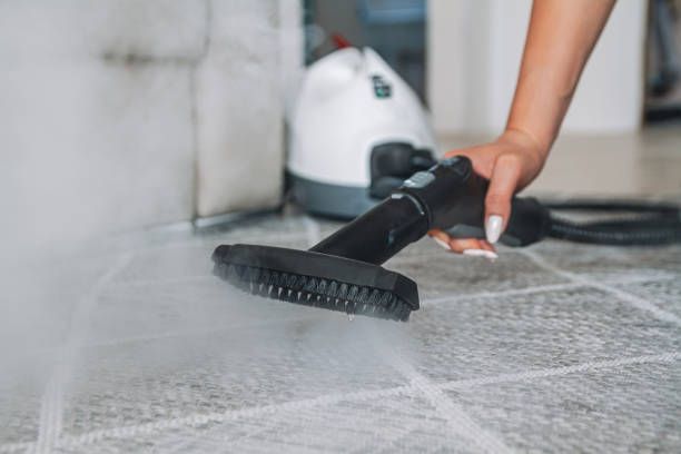 A woman is using a steam cleaner to clean the floor.