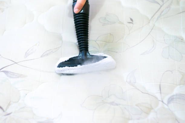 A person is using a steam cleaner to clean a mattress.