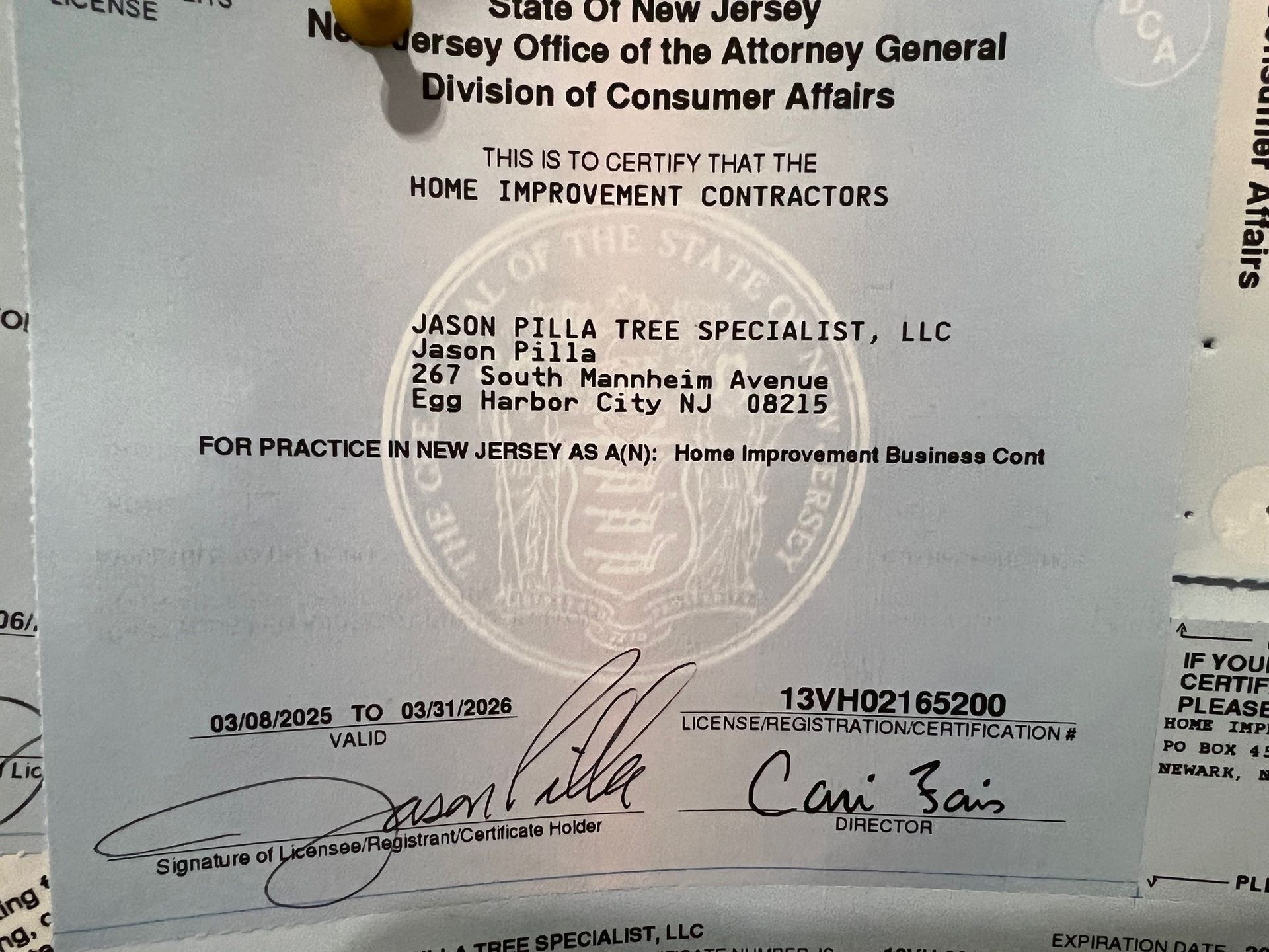 New Jersey Home Improvement Contractor Certificate pinned to a surface. The certificate is for Jason Pilla Tree Specialist, LLC.