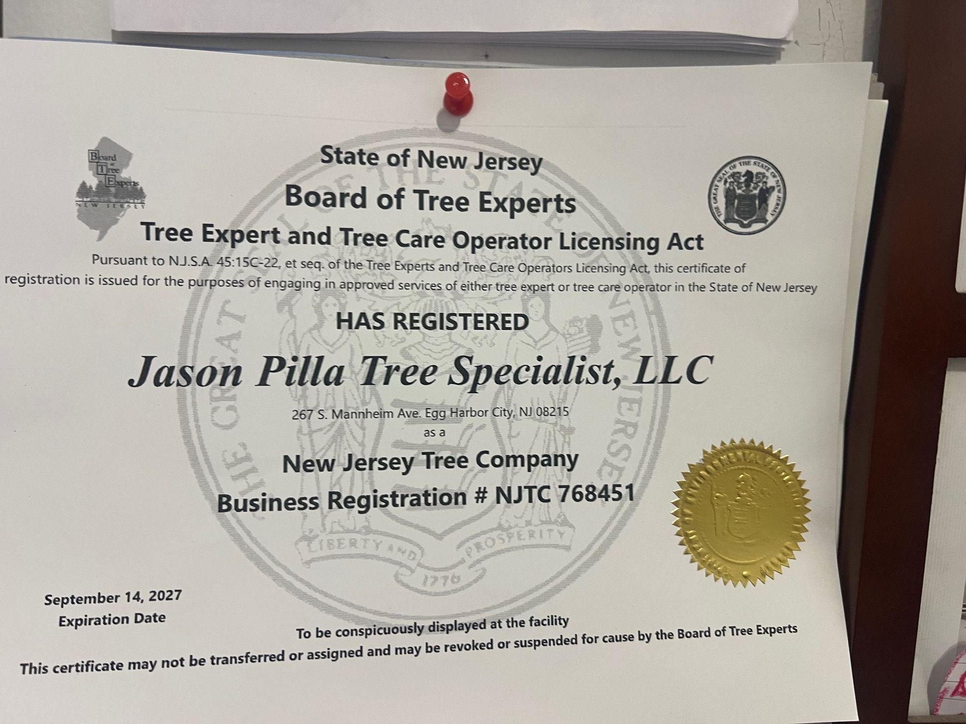 Certificate: Jason Pilla Tree Specialist, LLC, New Jersey Tree Company, with business registration number.
