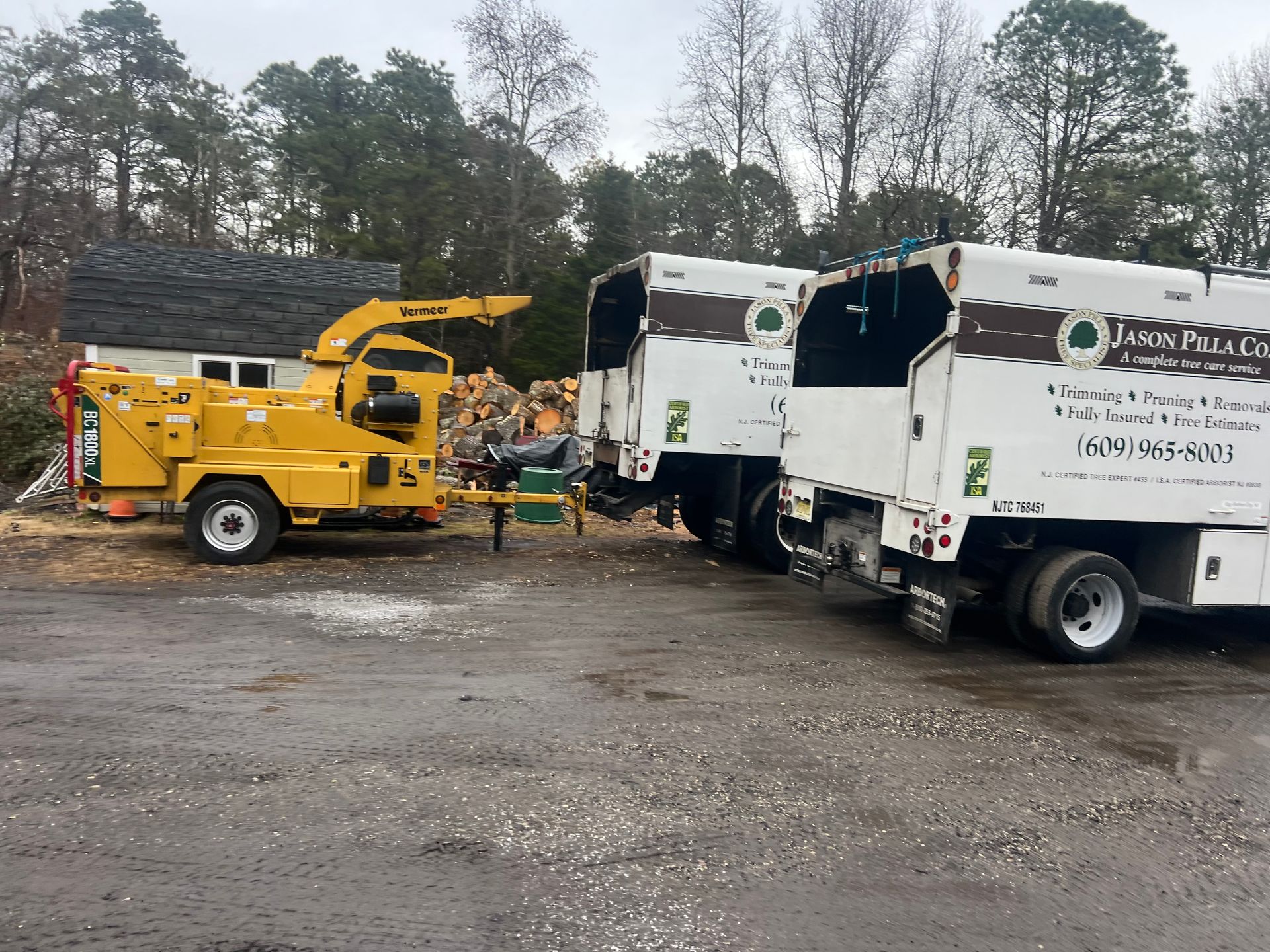 Yellow wood chipper and two white tree service trucks parked outside a small building.