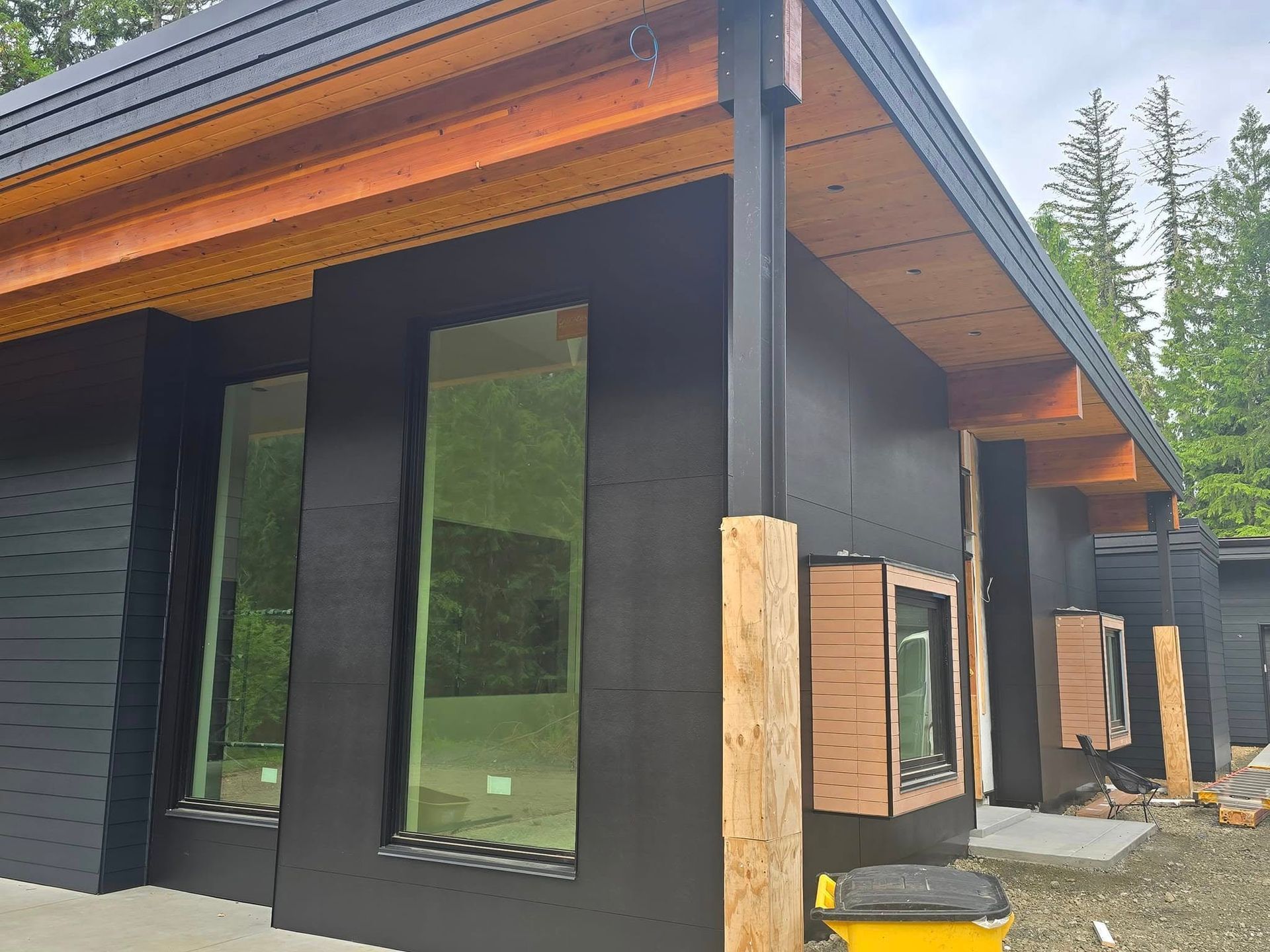 Black modern house exterior with tall windows, wooden accents, and a sloping roof.