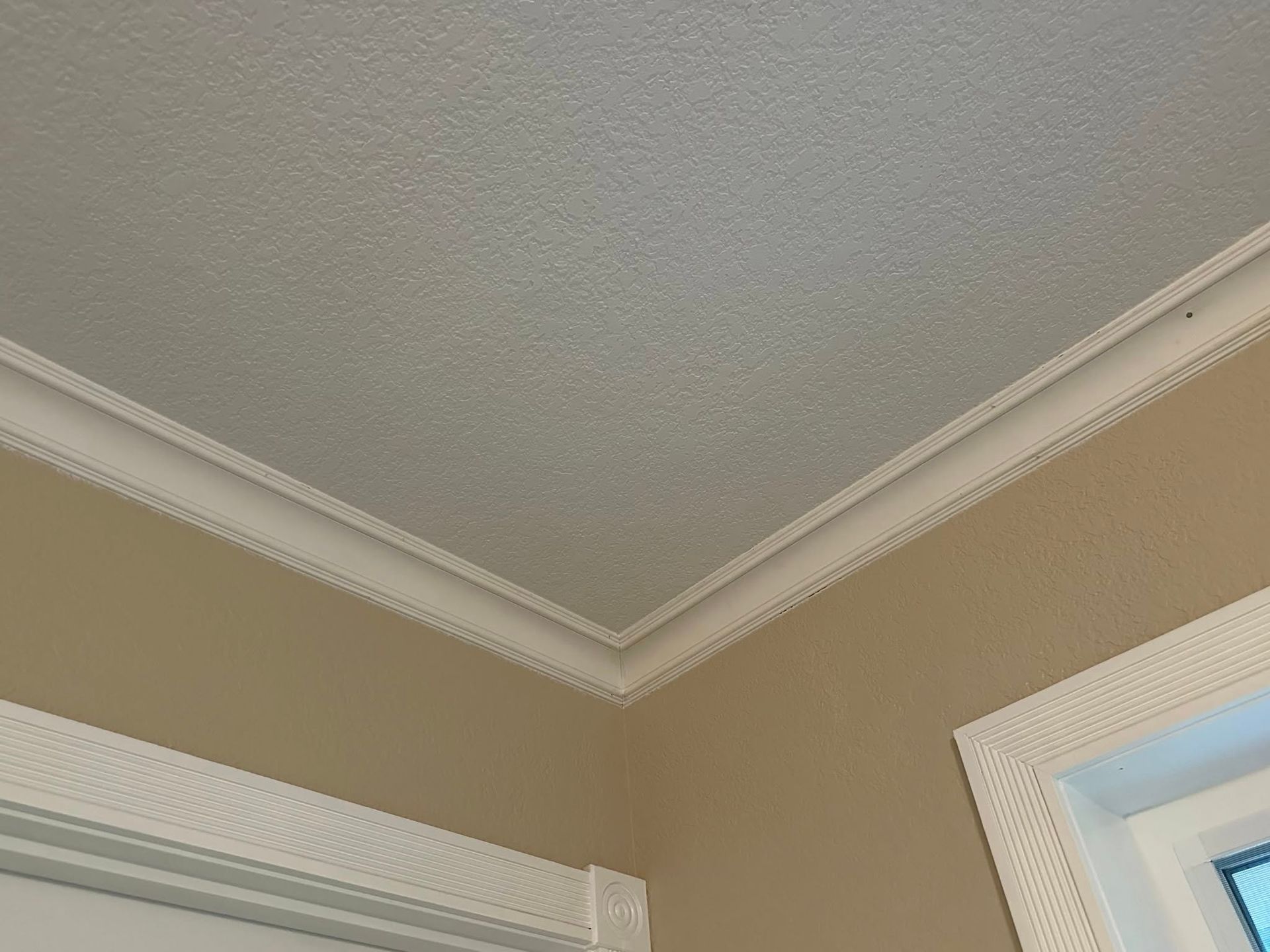 Corner of a room with textured ceiling, crown molding, and tan walls.