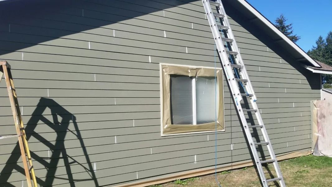 Green house siding with window, ladder, and a ladder shadow on the wall.