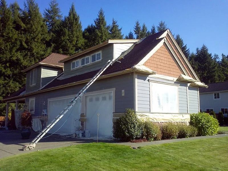 House exterior being painted, with a ladder propped against the roof. Blue siding, brown roof, and green lawn.