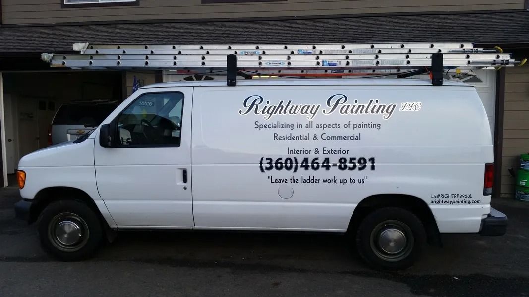 White van for Rightway Painting Pro with ladder on top. (360) 464-8591