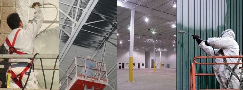 Workers in safety gear painting walls and ceilings in an industrial setting.