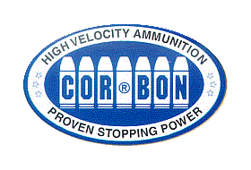 A blue and white logo for cor bon high velocity ammunition