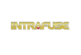 A gold and red logo for intrafuse on a white background.
