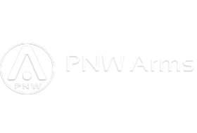 A white logo for pnw arms on a white background.
