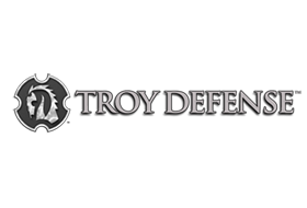 A black and white logo for troy defense on a white background.