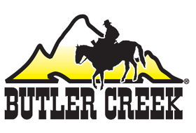 A logo for butler creek shows a man riding a horse