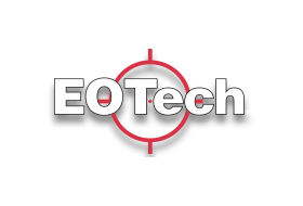A logo for eotech with a red target in the middle