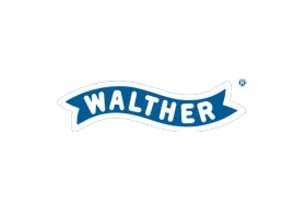 The walther logo is blue and white on a white background.