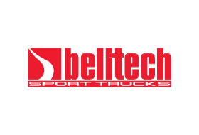A red and white logo for belttech sport trucks