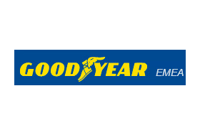 A blue and yellow logo for good year emea