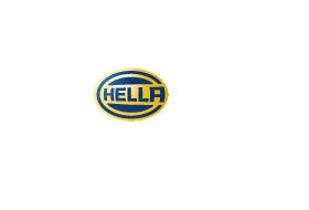 A blue and yellow logo for hella on a white background