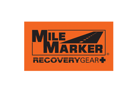 The logo for mile marker recovery gear is orange and black