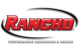 A red and black logo for rancho performance suspension & trucks