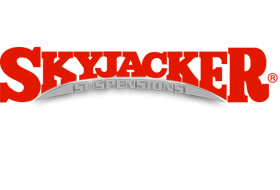 A red and silver skyjacker logo on a white background