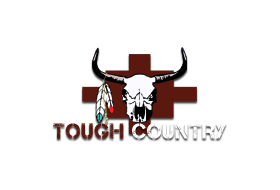 A logo for tough country with a bull skull and feathers