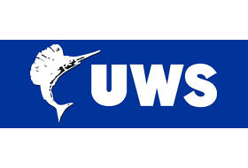 A blue sign with a white marlin and the word uws on it.