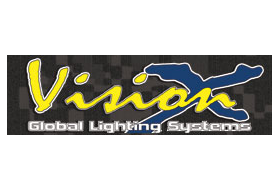 A yellow and blue logo for vision global lighting systems