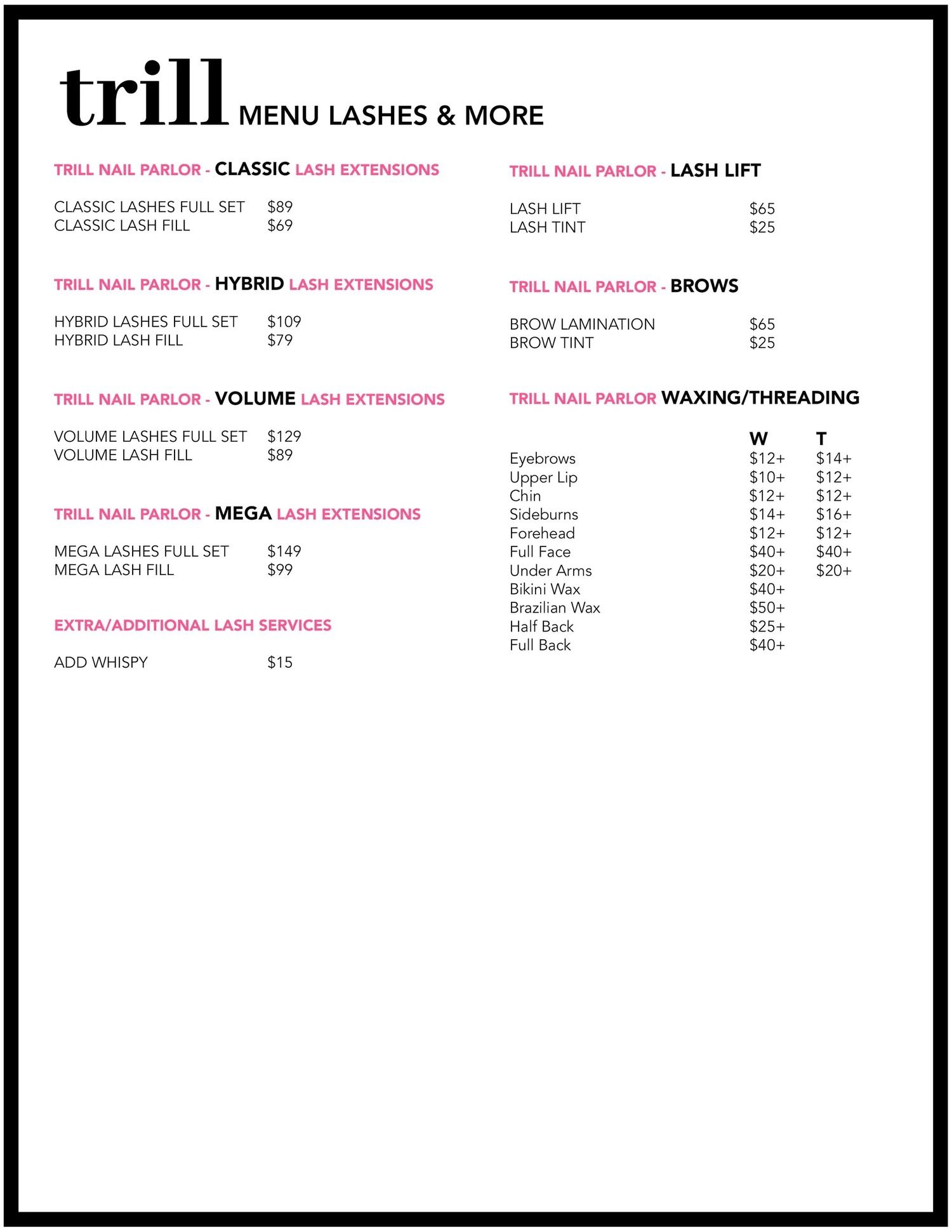 Trill menu flyer with appetizers, entrees, desserts, and a beverage list on a white background