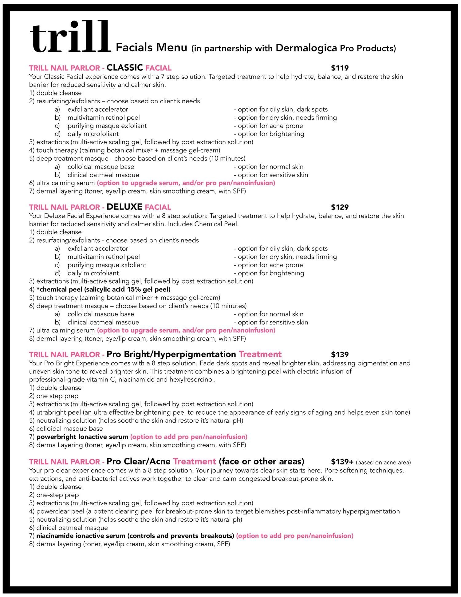 Trill brochure page with black text and pink section headings on a white background