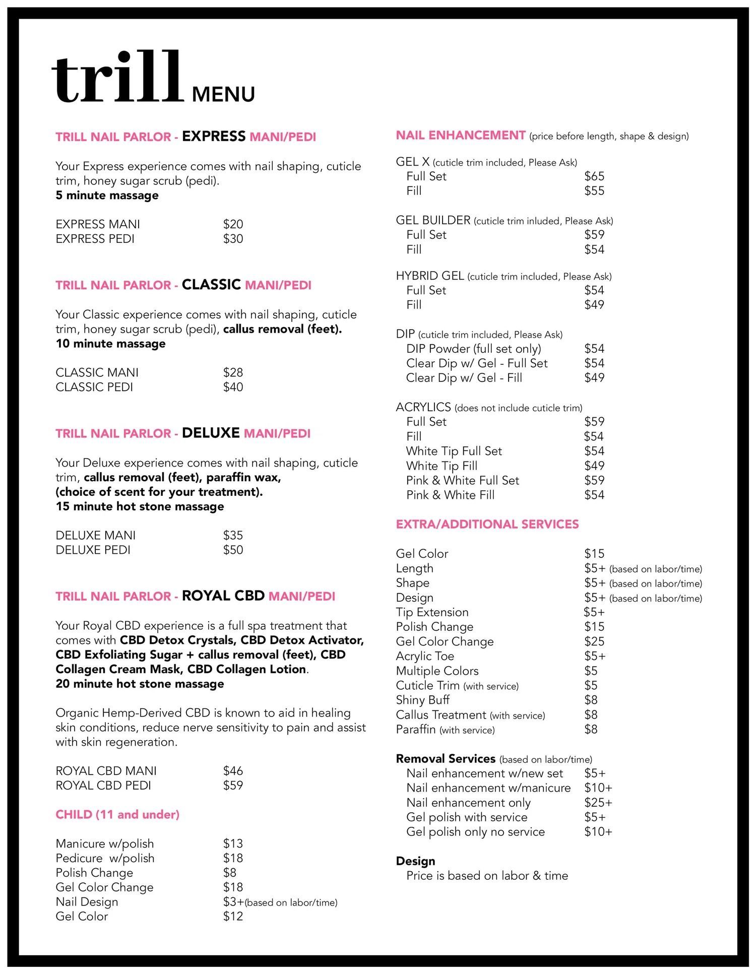 Trill restaurant menu on white background with black and pink text, listing food, drinks, and prices