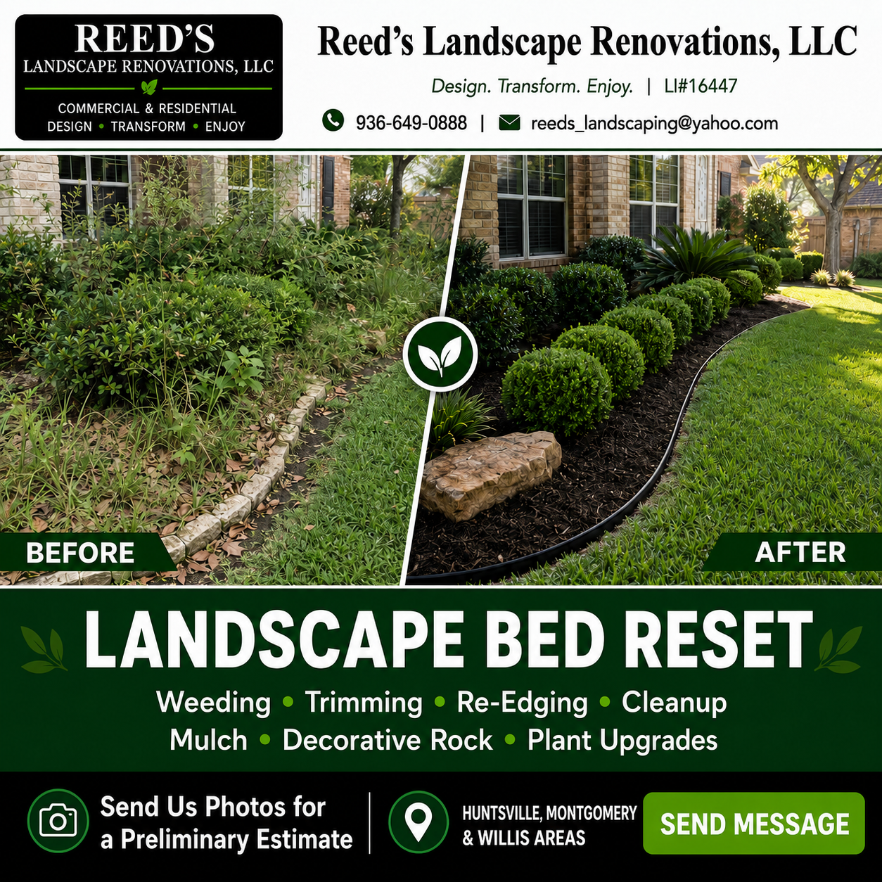Reed’s Landscape Renovations before-and-after landscape bed reset with trimmed shrubs and fresh mulch