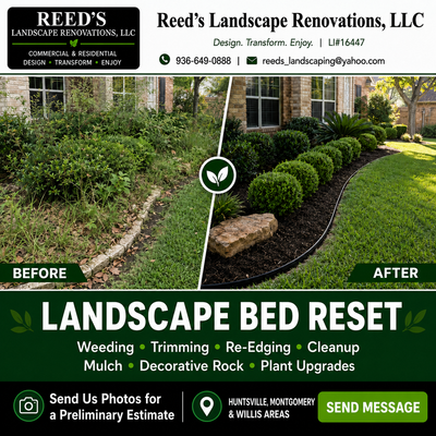 Reed’s Landscape Renovations before-and-after landscape bed reset with trimmed shrubs and fresh mulch
