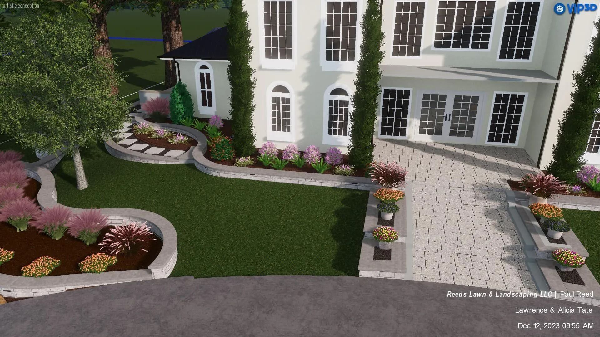 Upscale home with a landscaped yard, driveway, and flower beds.