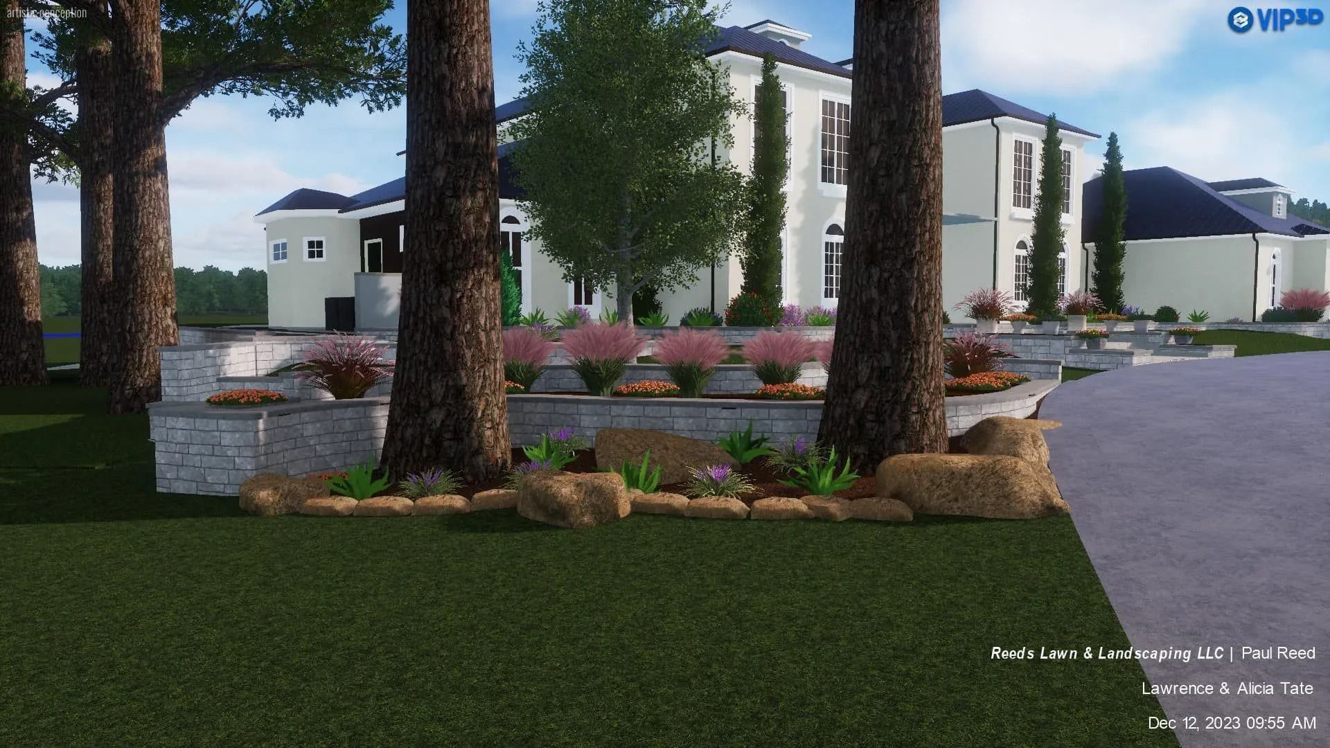 Large house with trees, stone wall and flower beds. Green lawn and driveway.