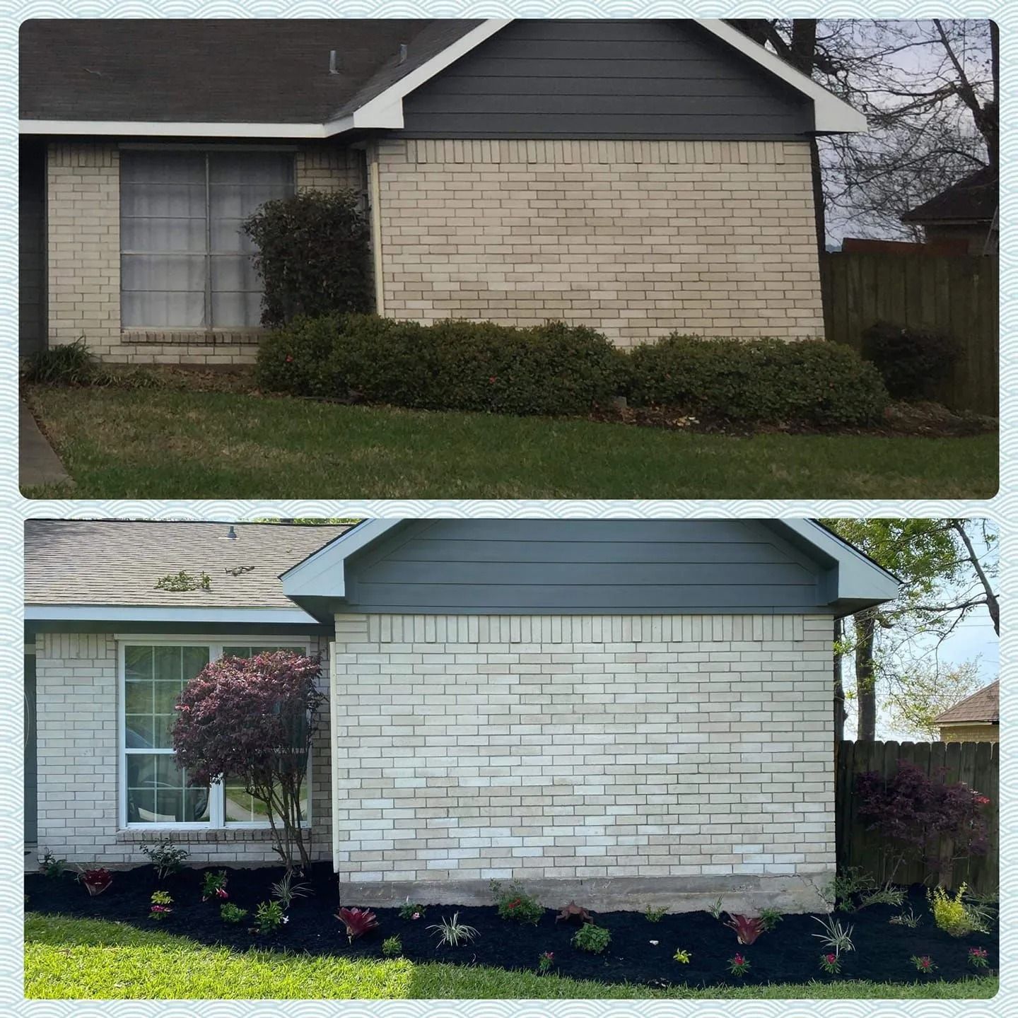 House before and after landscaping with white brick, dark blue trim, and flower beds.