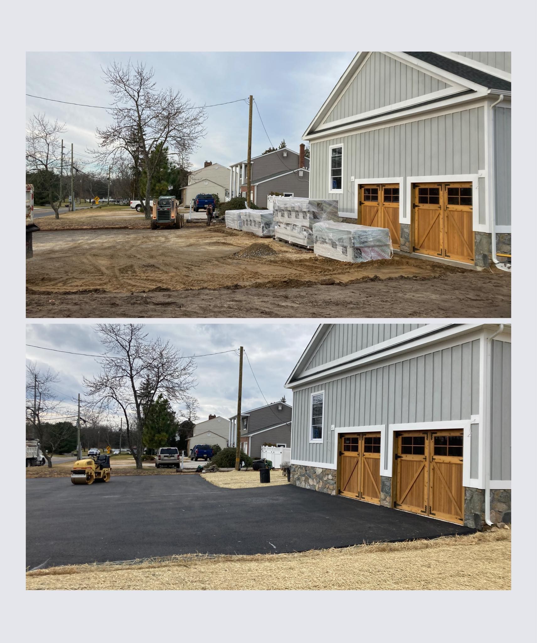 A before and after picture of a garage being built.
