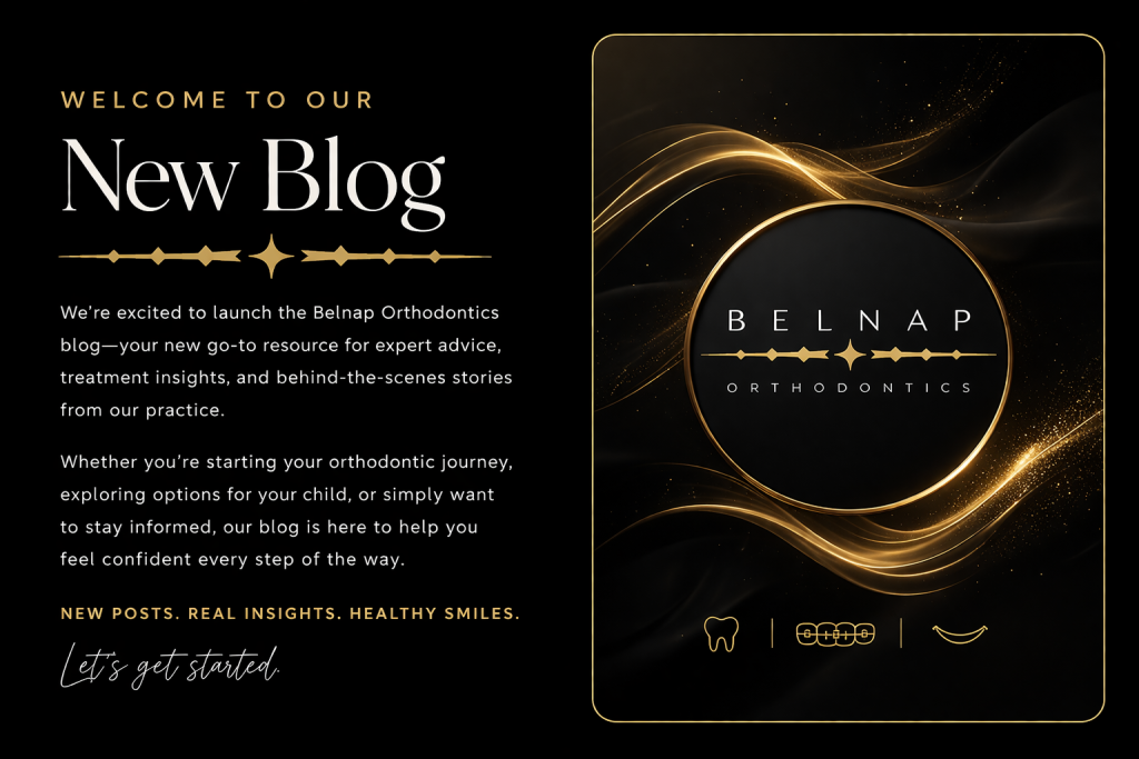 Promotional graphic for a new blog with gold text on a black background and a glowing circular logo