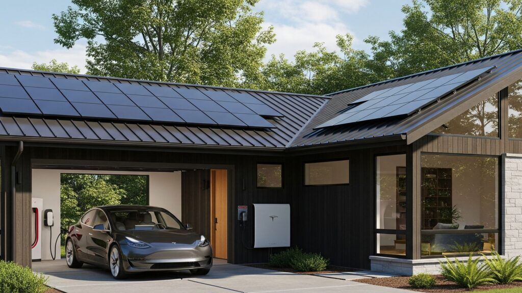 Black solar panels on a house roof with a garage and electric car charging.