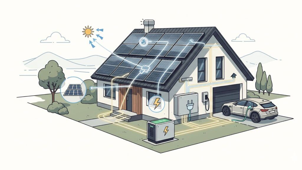 House with solar panels, electric car, battery storage, and an illustration showing the flow of solar energy.
