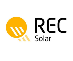 REC Solar logo: Orange sun icon with slanted lines, black text.
