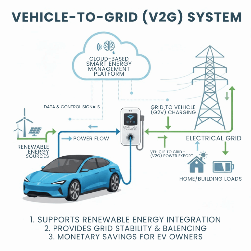Diagram of a vehicle-to-grid (V2G) system, showing an electric car connected to the grid via a charging station, solar panels, and wind turbines.