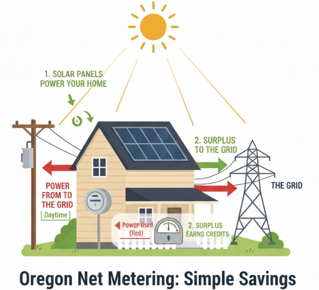 Diagram illustrating Oregon's net metering. Solar panels on a house power the home, send surplus to the grid, earning credits.