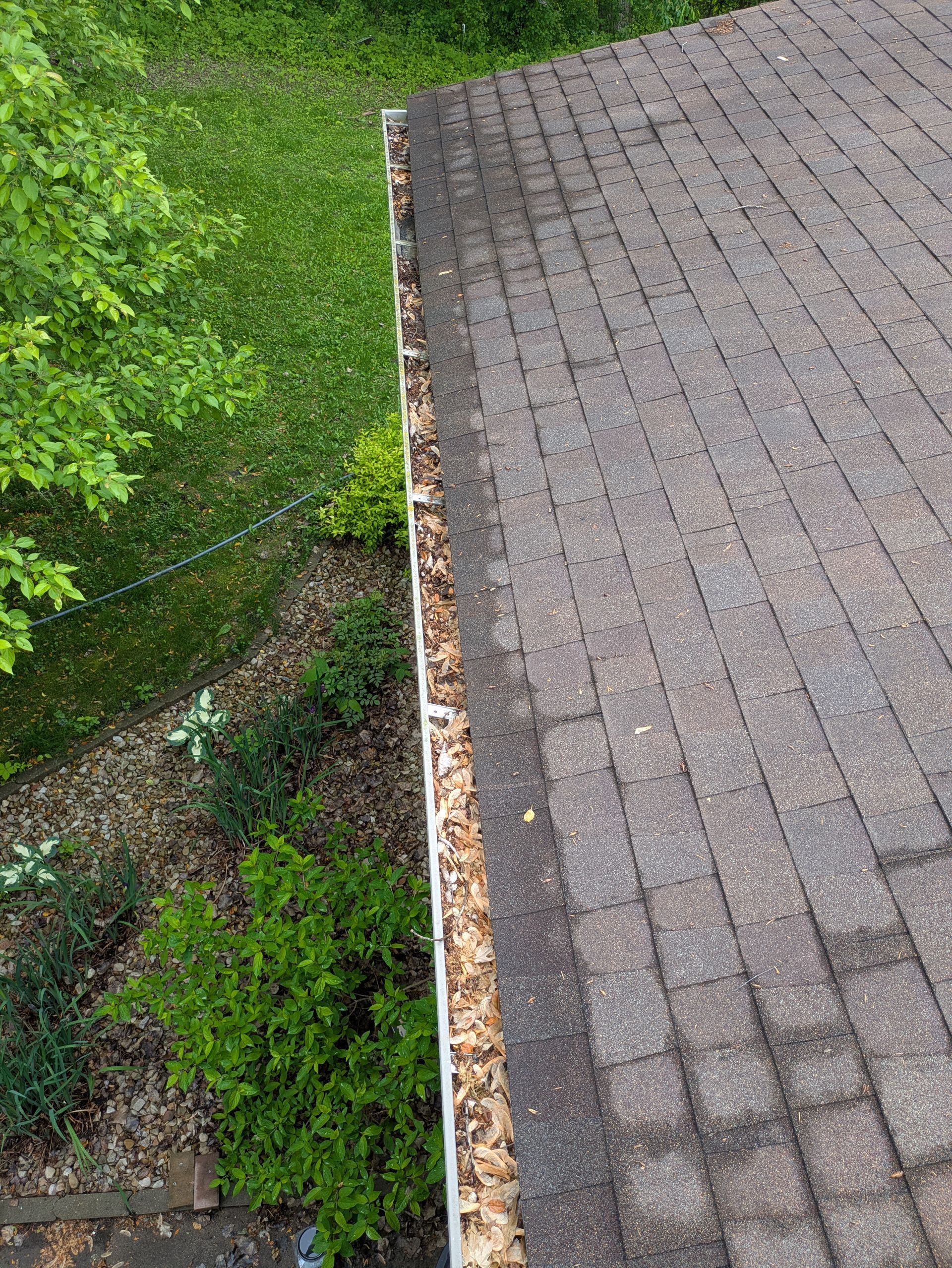 A gutter with leaves on it is sitting on top of a brick roof.