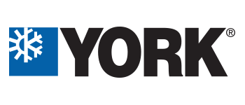 The logo for york is black and blue with a snowflake.