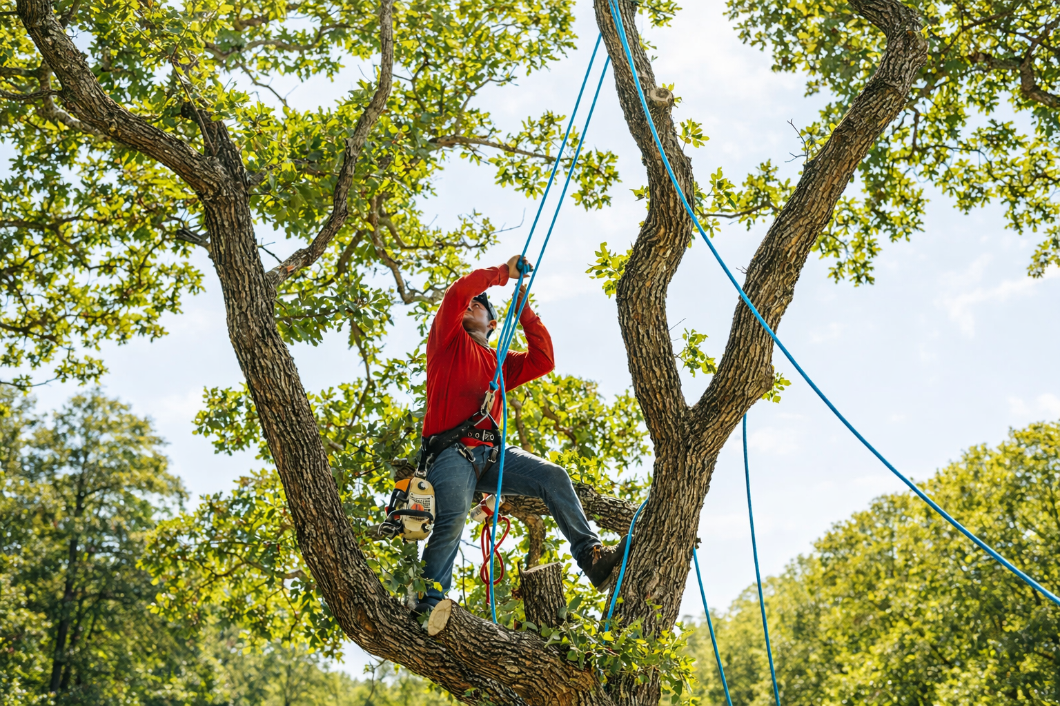 A person in a red jacket climbs a large tree, supported by blue ropes and harnesses against a bright, leafy background.